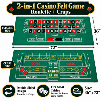 Craps Casino Dice & Roulette 2-in-1 Felt Game – 6 FT | Casino Table Game Mat for Casino Night Parties, Game Nights & Theme Events