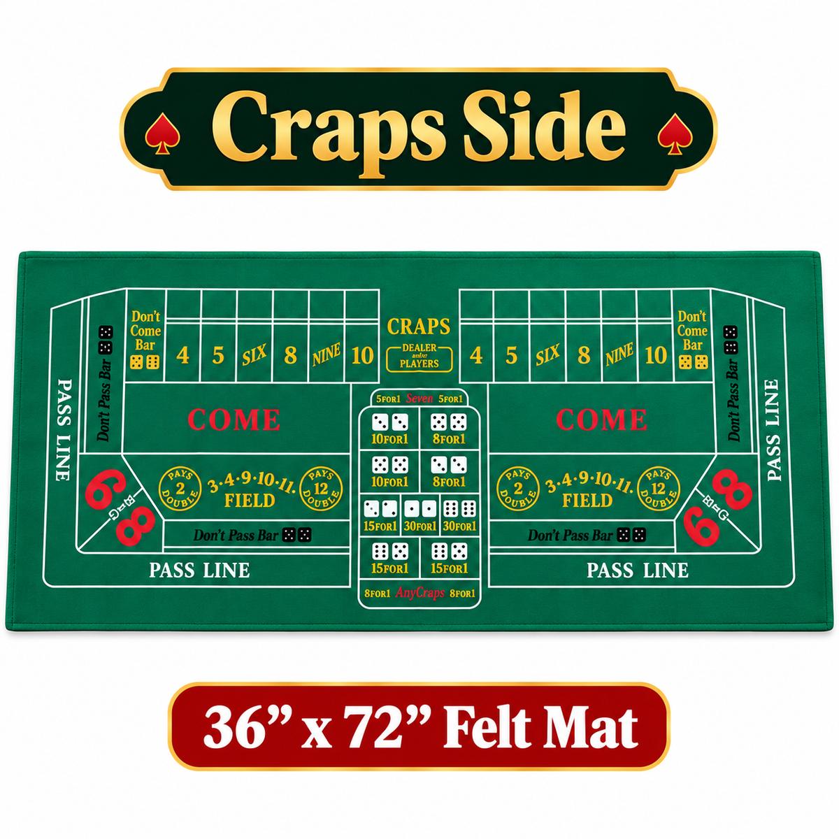 Craps Casino Dice & Roulette 2-in-1 Felt Game – 6 FT | Casino Table Game Mat for Casino Night Parties, Game Nights & Theme Events