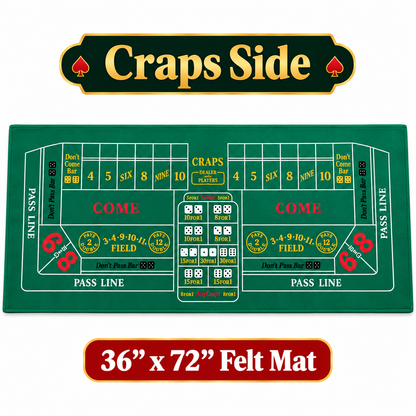 Craps Casino Dice & Roulette 2-in-1 Felt Game – 6 FT | Casino Table Game Mat for Casino Night Parties, Game Nights & Theme Events