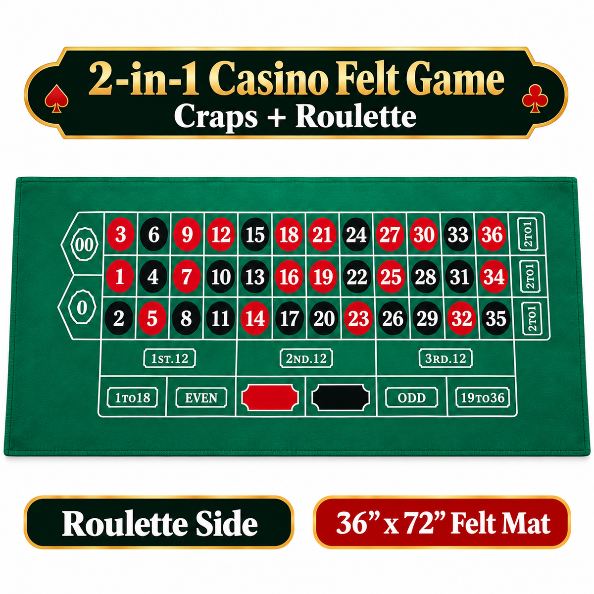 Craps Casino Dice & Roulette 2-in-1 Felt Game – 6 FT | Casino Table Game Mat for Casino Night Parties, Game Nights & Theme Events