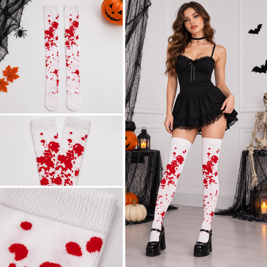 Bloody Red & White Halloween Leggings | Horror Fancy Dress Legwear for Zombie Costumes, Scary Theme Parties & Costume Events