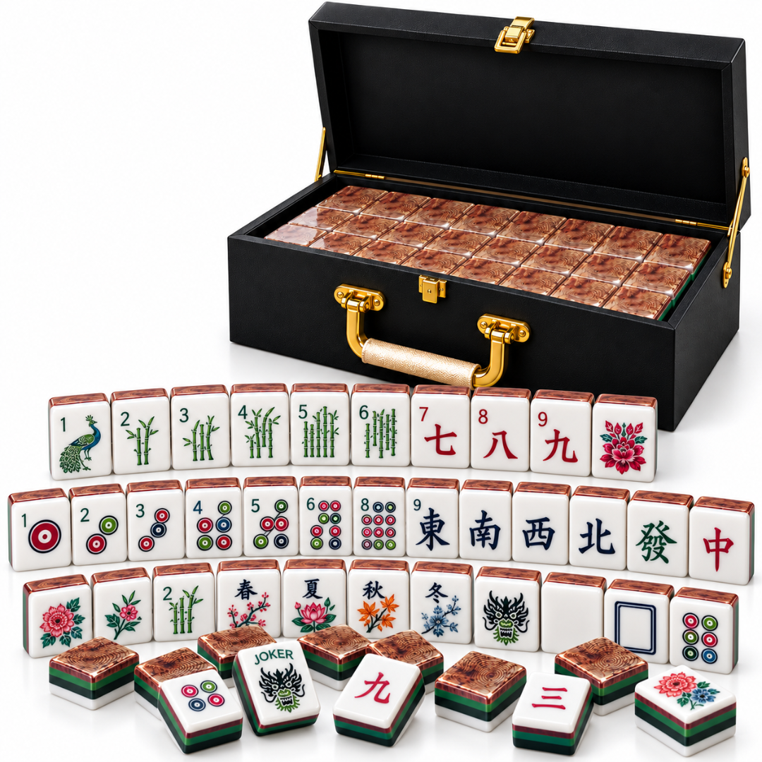 "Premium Acrylic Mahjong Tiles with Wooden Finish – 36mm, 4-Layer, 160 Tiles with Storage Box | Luxury Mahjong Game Set for Family Game Nights & Gifting "