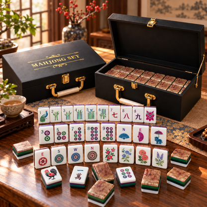 "Premium Acrylic Mahjong Tiles with Wooden Finish – 36mm, 4-Layer, 160 Tiles with Storage Box | Luxury Mahjong Game Set for Family Game Nights & Gifting "