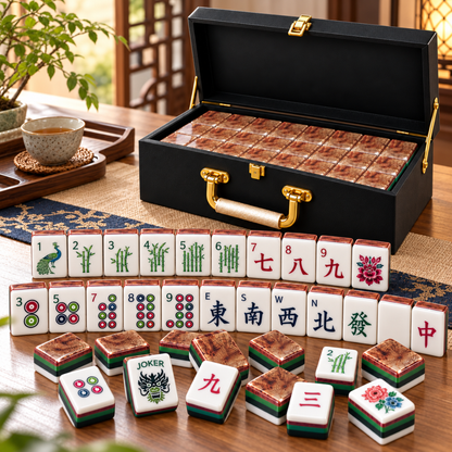 "Premium Acrylic Mahjong Tiles with Wooden Finish – 36mm, 4-Layer, 160 Tiles with Storage Box | Luxury Mahjong Game Set for Family Game Nights & Gifting "