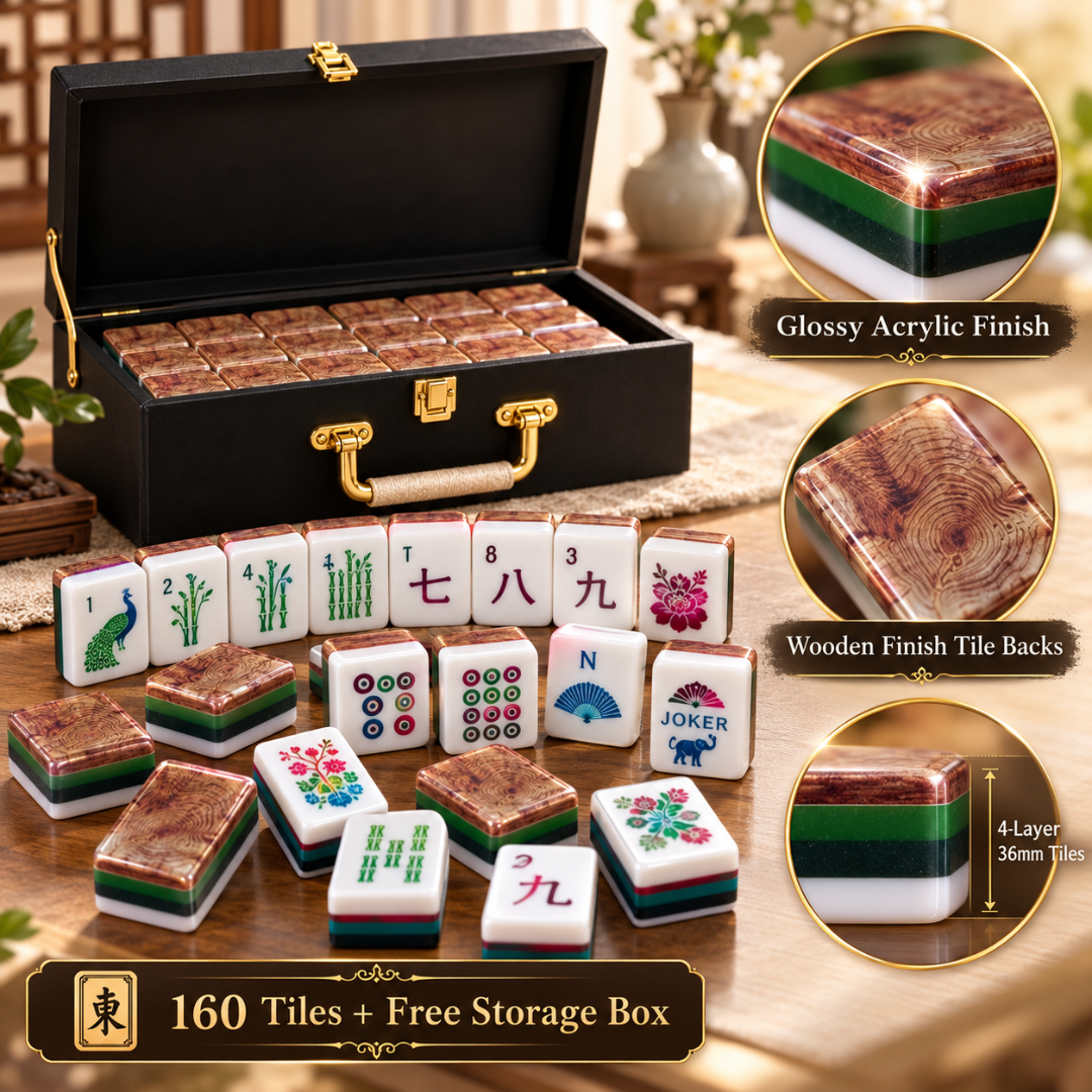 "Premium Acrylic Mahjong Tiles with Wooden Finish – 36mm, 4-Layer, 160 Tiles with Storage Box | Luxury Mahjong Game Set for Family Game Nights & Gifting "