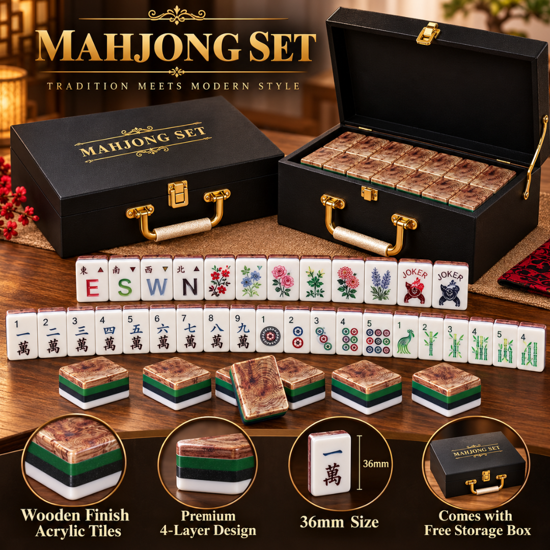 "Premium Acrylic Mahjong Tiles with Wooden Finish – 36mm, 4-Layer, 160 Tiles with Storage Box | Luxury Mahjong Game Set for Family Game Nights & Gifting "