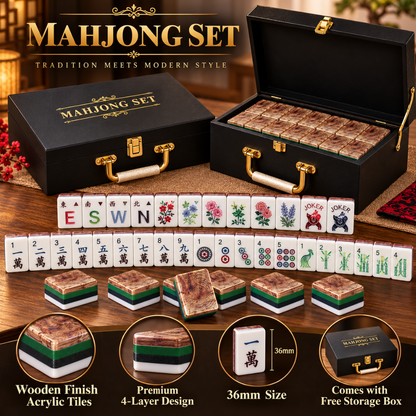 "Premium Acrylic Mahjong Tiles with Wooden Finish – 36mm, 4-Layer, 160 Tiles with Storage Box | Luxury Mahjong Game Set for Family Game Nights & Gifting "