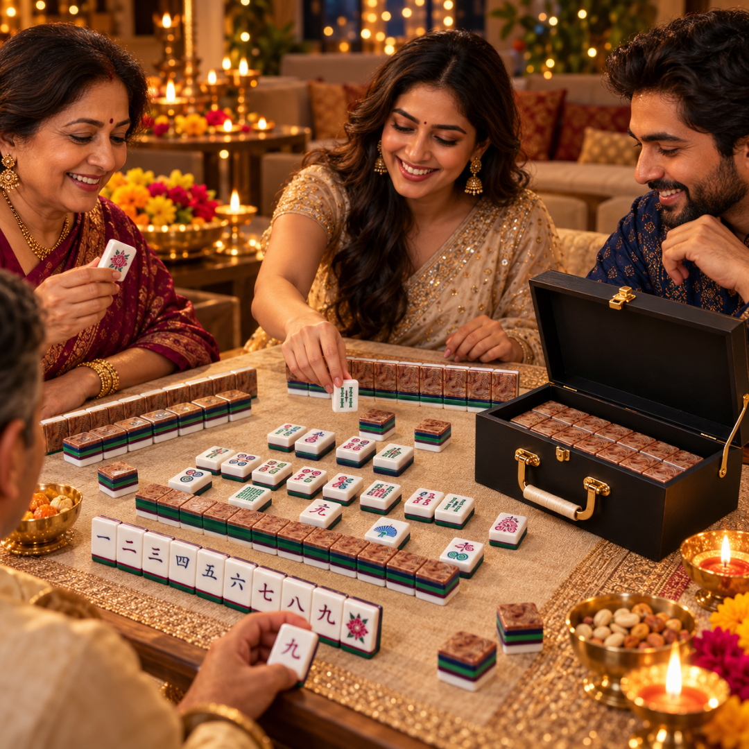 "Premium Acrylic Mahjong Tiles with Wooden Finish – 36mm, 4-Layer, 160 Tiles with Storage Box | Luxury Mahjong Game Set for Family Game Nights & Gifting "