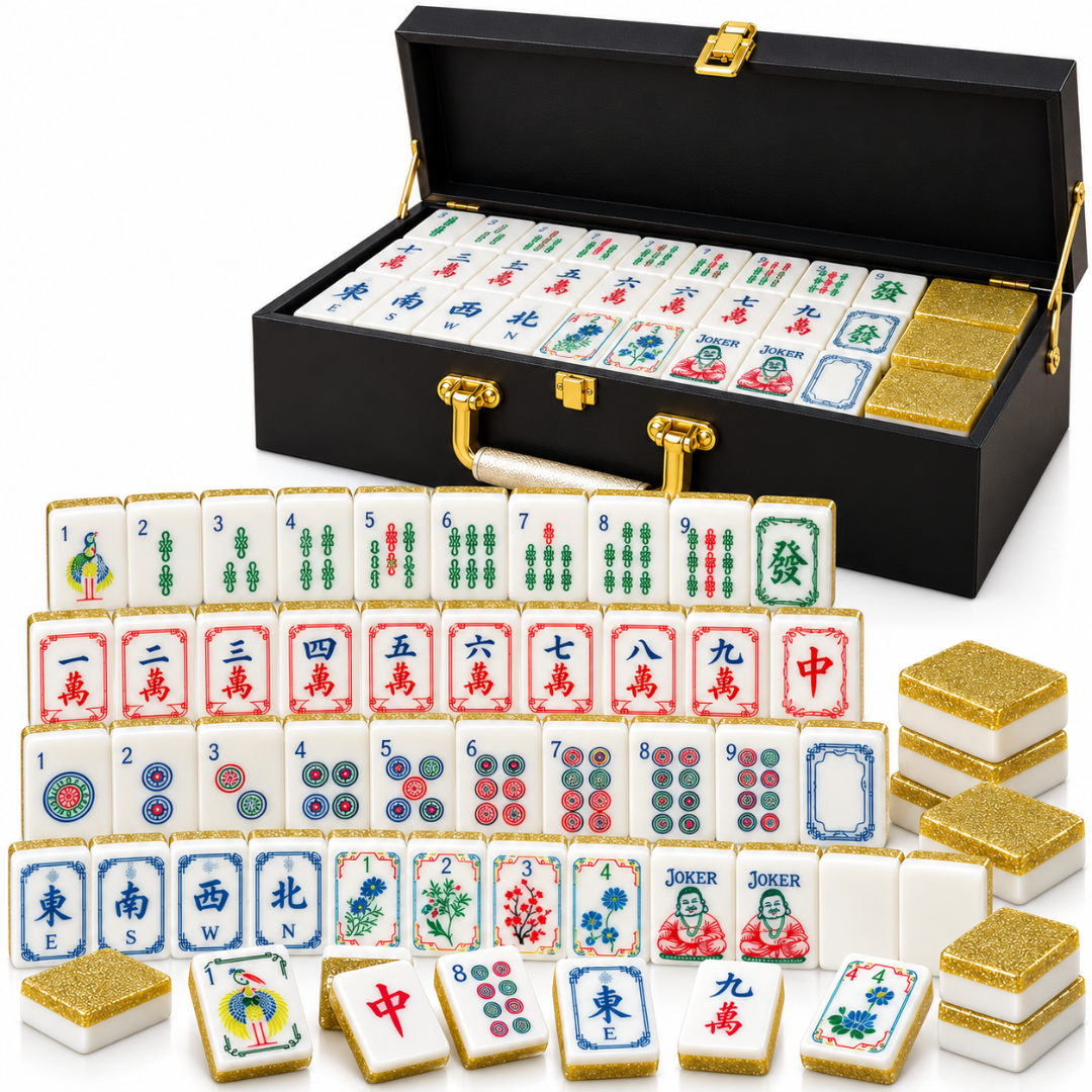 Premium Acrylic Golden Finish Mahjong Tiles – 38mm, 160 Tiles | Luxury Mahjong Game Set for Family Game Nights, Diwali & Festive Gifting