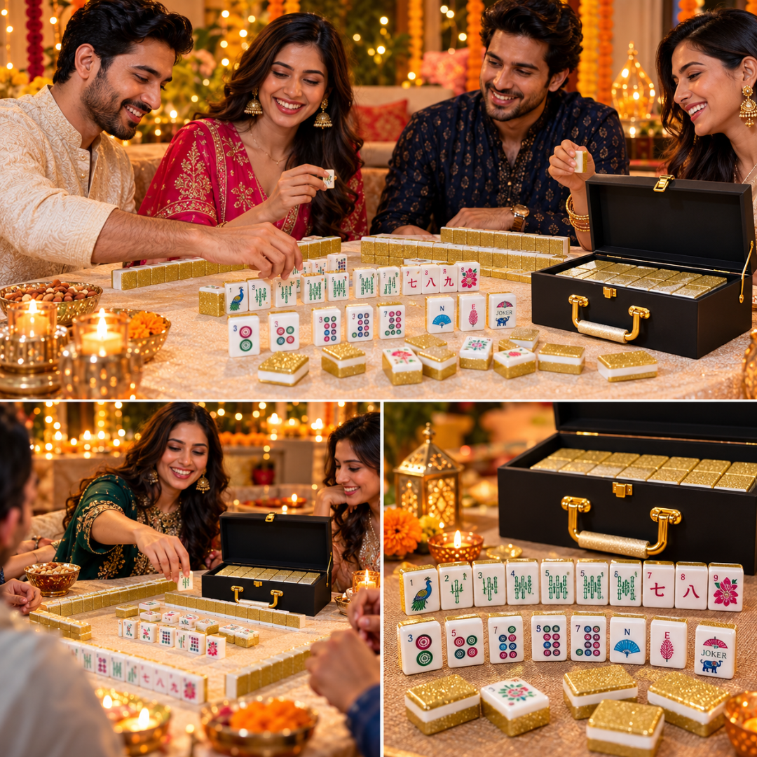 Premium Acrylic Golden Finish Mahjong Tiles – 38mm, 160 Tiles | Luxury Mahjong Game Set for Family Game Nights, Diwali & Festive Gifting
