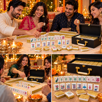 Premium Acrylic Golden Finish Mahjong Tiles – 38mm, 160 Tiles | Luxury Mahjong Game Set for Family Game Nights, Diwali & Festive Gifting