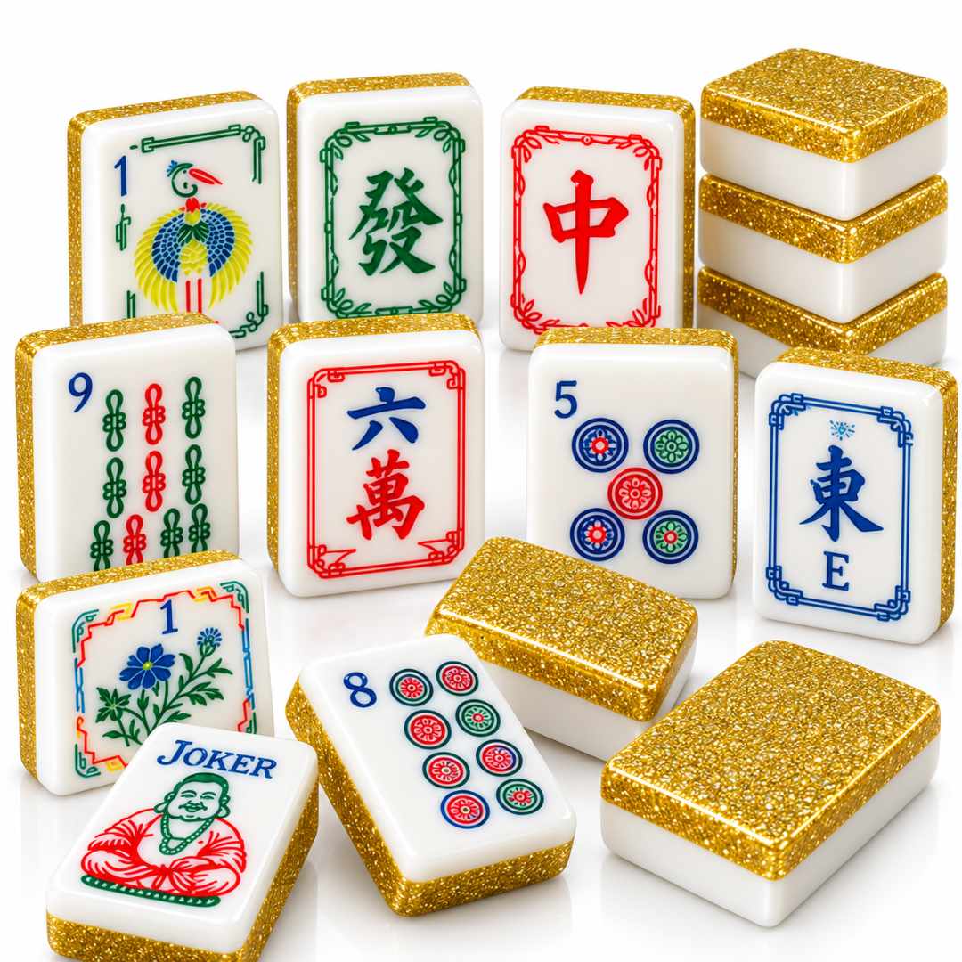 Premium Acrylic Golden Finish Mahjong Tiles – 38mm, 160 Tiles | Luxury Mahjong Game Set for Family Game Nights, Diwali & Festive Gifting
