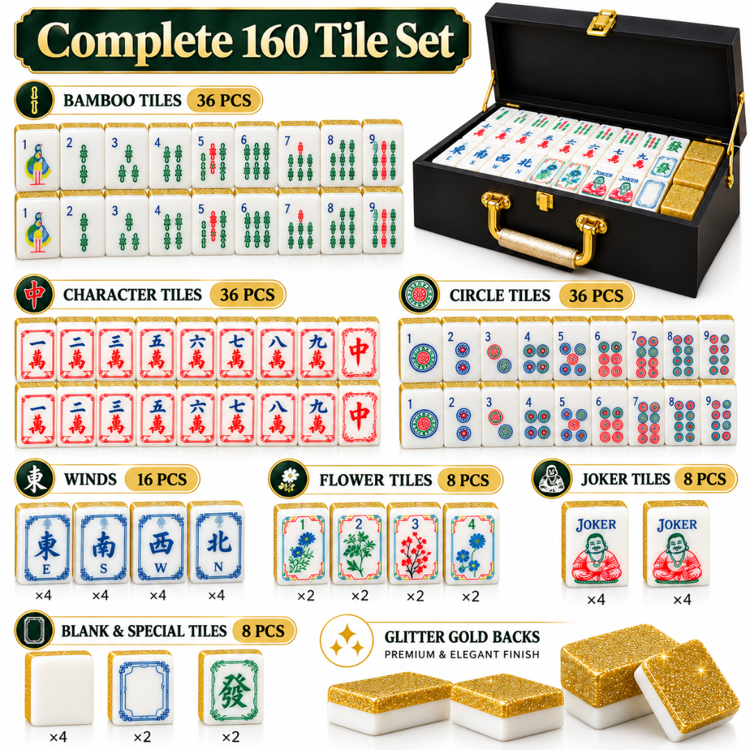 Premium Acrylic Golden Finish Mahjong Tiles – 38mm, 160 Tiles | Luxury Mahjong Game Set for Family Game Nights, Diwali & Festive Gifting
