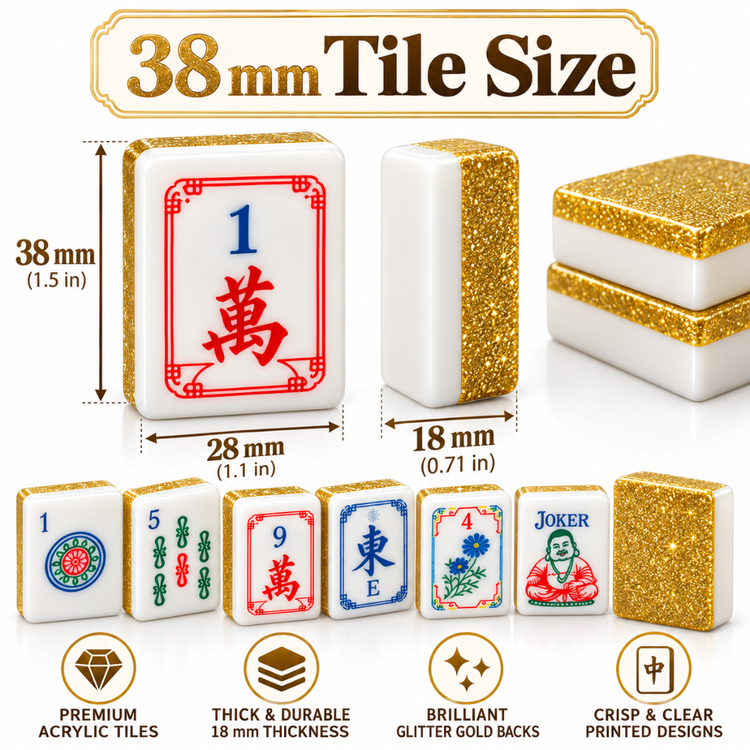 Premium Acrylic Golden Finish Mahjong Tiles – 38mm, 160 Tiles | Luxury Mahjong Game Set for Family Game Nights, Diwali & Festive Gifting