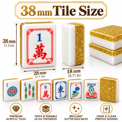 Premium Acrylic Golden Finish Mahjong Tiles – 38mm, 160 Tiles | Luxury Mahjong Game Set for Family Game Nights, Diwali & Festive Gifting