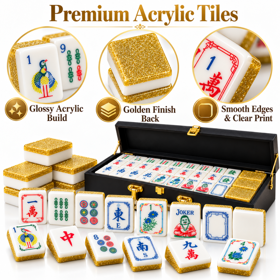 Premium Acrylic Golden Finish Mahjong Tiles – 38mm, 160 Tiles | Luxury Mahjong Game Set for Family Game Nights, Diwali & Festive Gifting