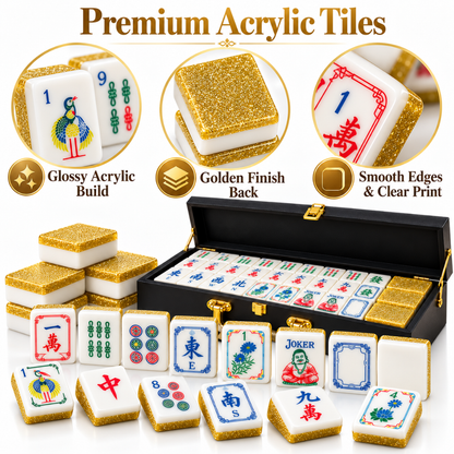 Premium Acrylic Golden Finish Mahjong Tiles – 38mm, 160 Tiles | Luxury Mahjong Game Set for Family Game Nights, Diwali & Festive Gifting
