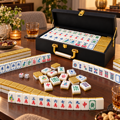 Premium Acrylic Golden Finish Mahjong Tiles – 38mm, 160 Tiles | Luxury Mahjong Game Set for Family Game Nights, Diwali & Festive Gifting