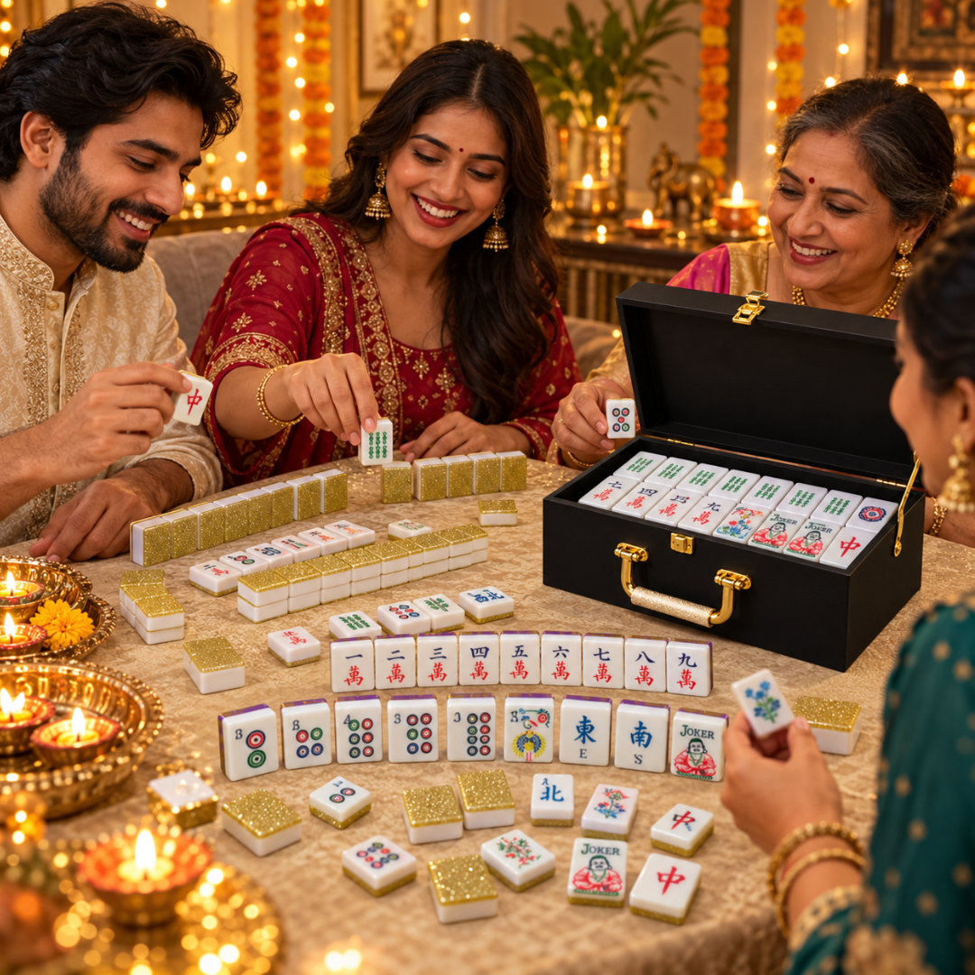 Premium Acrylic Golden Finish Mahjong Tiles – 38mm, 160 Tiles | Luxury Mahjong Game Set for Family Game Nights, Diwali & Festive Gifting
