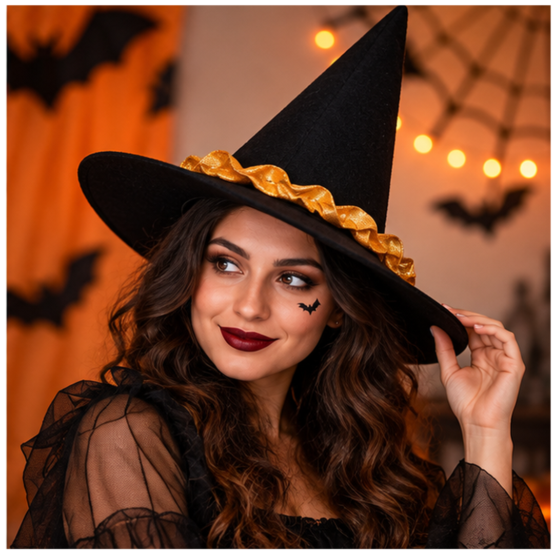 Halloween Witch Hat with Orange Lace | Classic Pointed Witch Costume Hat for Halloween Parties, Cosplay & Fancy Dress