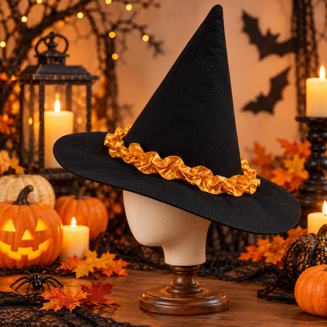 Halloween Witch Hat with Orange Lace | Classic Pointed Witch Costume Hat for Halloween Parties, Cosplay & Fancy Dress