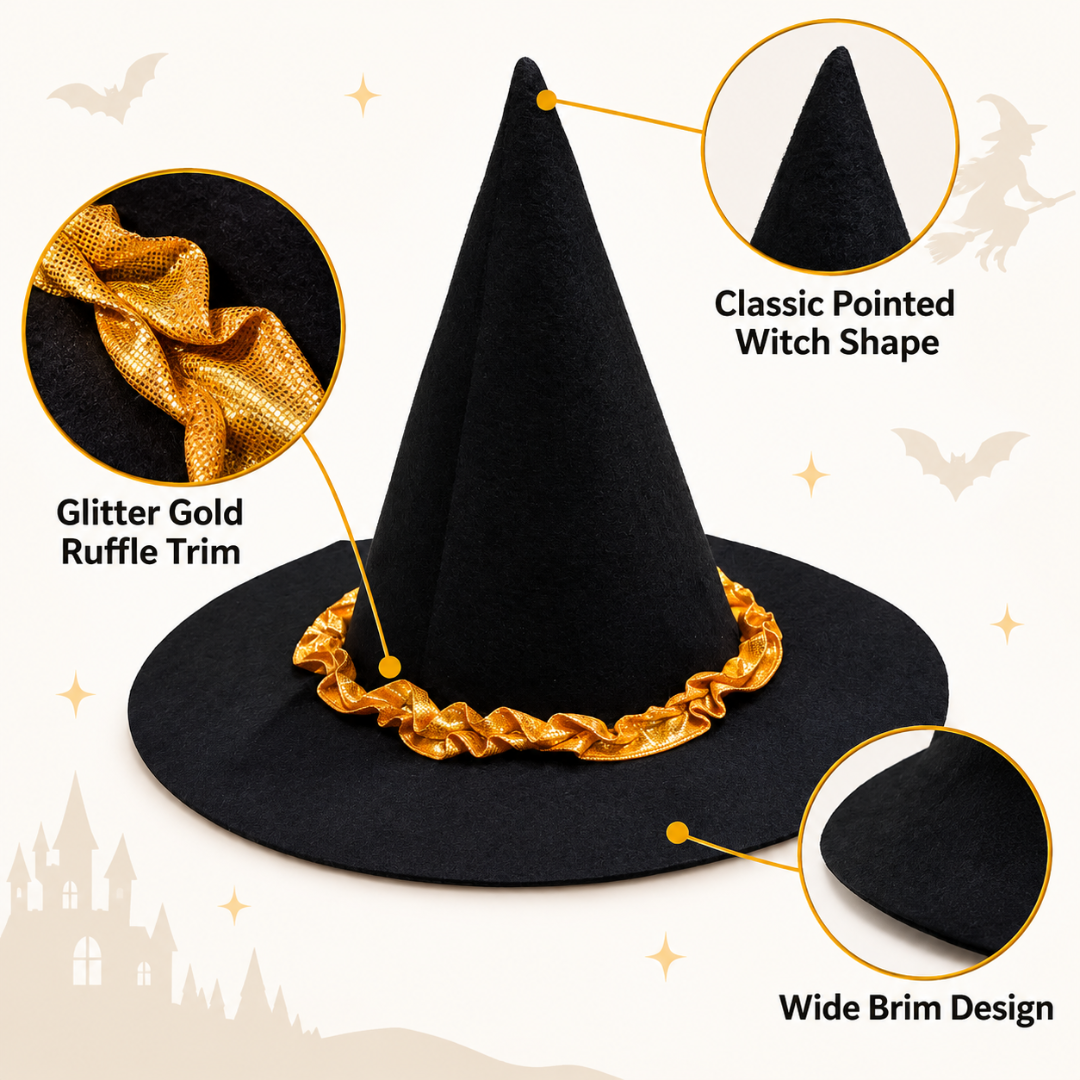 Halloween Witch Hat with Orange Lace | Classic Pointed Witch Costume Hat for Halloween Parties, Cosplay & Fancy Dress