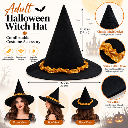 Halloween Witch Hat with Orange Lace | Classic Pointed Witch Costume Hat for Halloween Parties, Cosplay & Fancy Dress