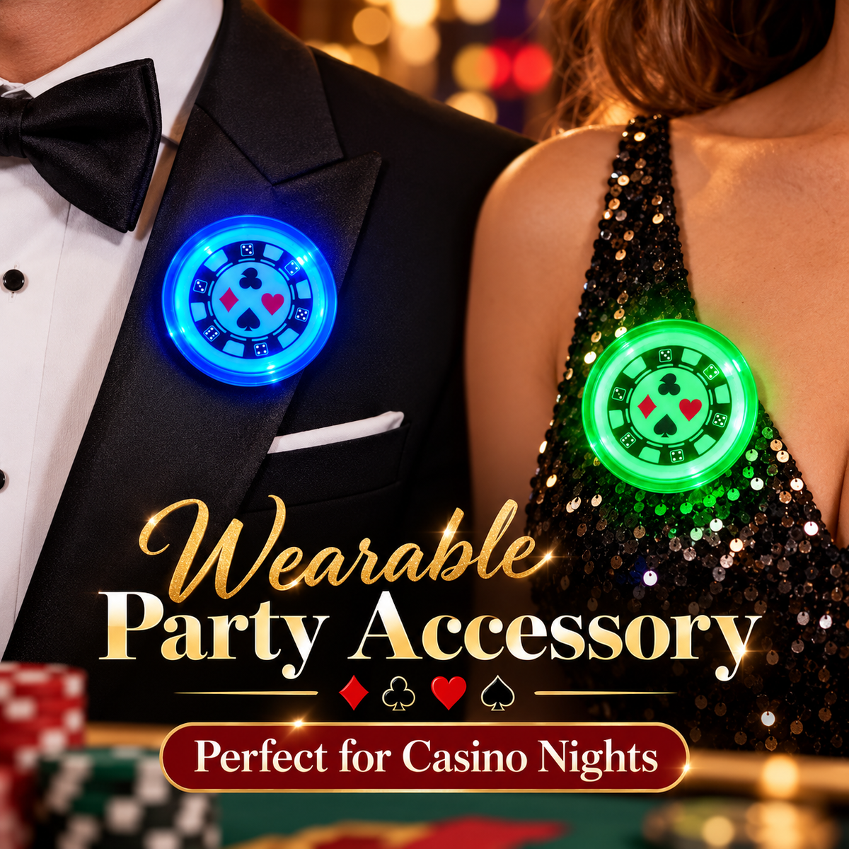 Casino Card Party Light Up Buttons – Pack of 2 | LED Casino Theme Party Badges, Assorted Blue & Green, 2 Inch, Fancy Dress & Party Accessories