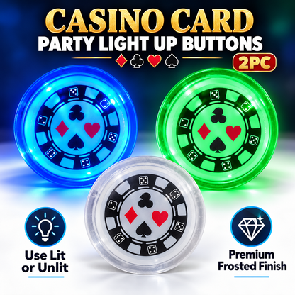 Casino Card Party Light Up Buttons – Pack of 2 | LED Casino Theme Party Badges, Assorted Blue & Green, 2 Inch, Fancy Dress & Party Accessories