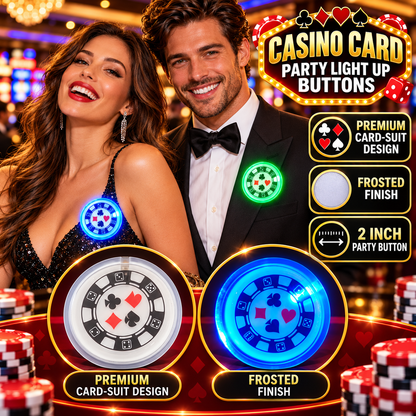 Casino Card Party Light Up Buttons – Pack of 2 | LED Casino Theme Party Badges, Assorted Blue & Green, 2 Inch, Fancy Dress & Party Accessories