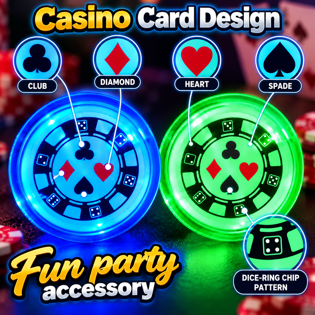 Casino Card Party Light Up Buttons – Pack of 2 | LED Casino Theme Party Badges, Assorted Blue & Green, 2 Inch, Fancy Dress & Party Accessories