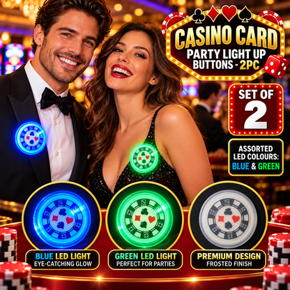 Casino Card Party Light Up Buttons – Pack of 2 | LED Casino Theme Party Badges, Assorted Blue & Green, 2 Inch, Fancy Dress & Party Accessories