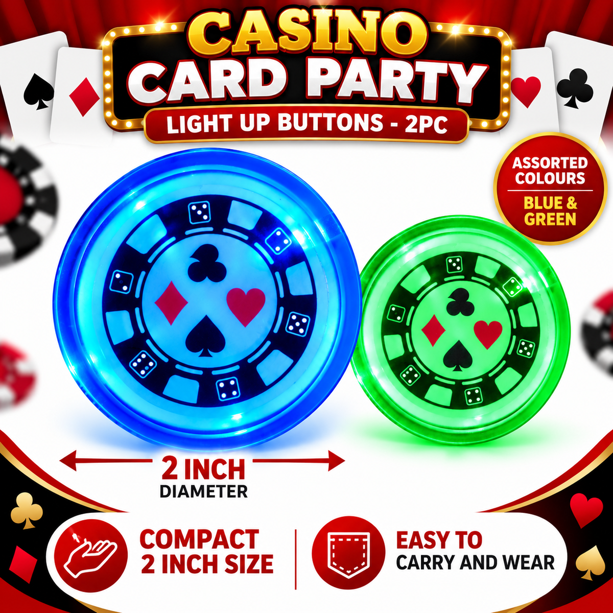 Casino Card Party Light Up Buttons – Pack of 2 | LED Casino Theme Party Badges, Assorted Blue & Green, 2 Inch, Fancy Dress & Party Accessories