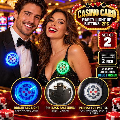Casino Card Party Light Up Buttons – Pack of 2 | LED Casino Theme Party Badges, Assorted Blue & Green, 2 Inch, Fancy Dress & Party Accessories