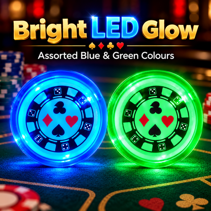 Casino Card Party Light Up Buttons – Pack of 2 | LED Casino Theme Party Badges, Assorted Blue & Green, 2 Inch, Fancy Dress & Party Accessories