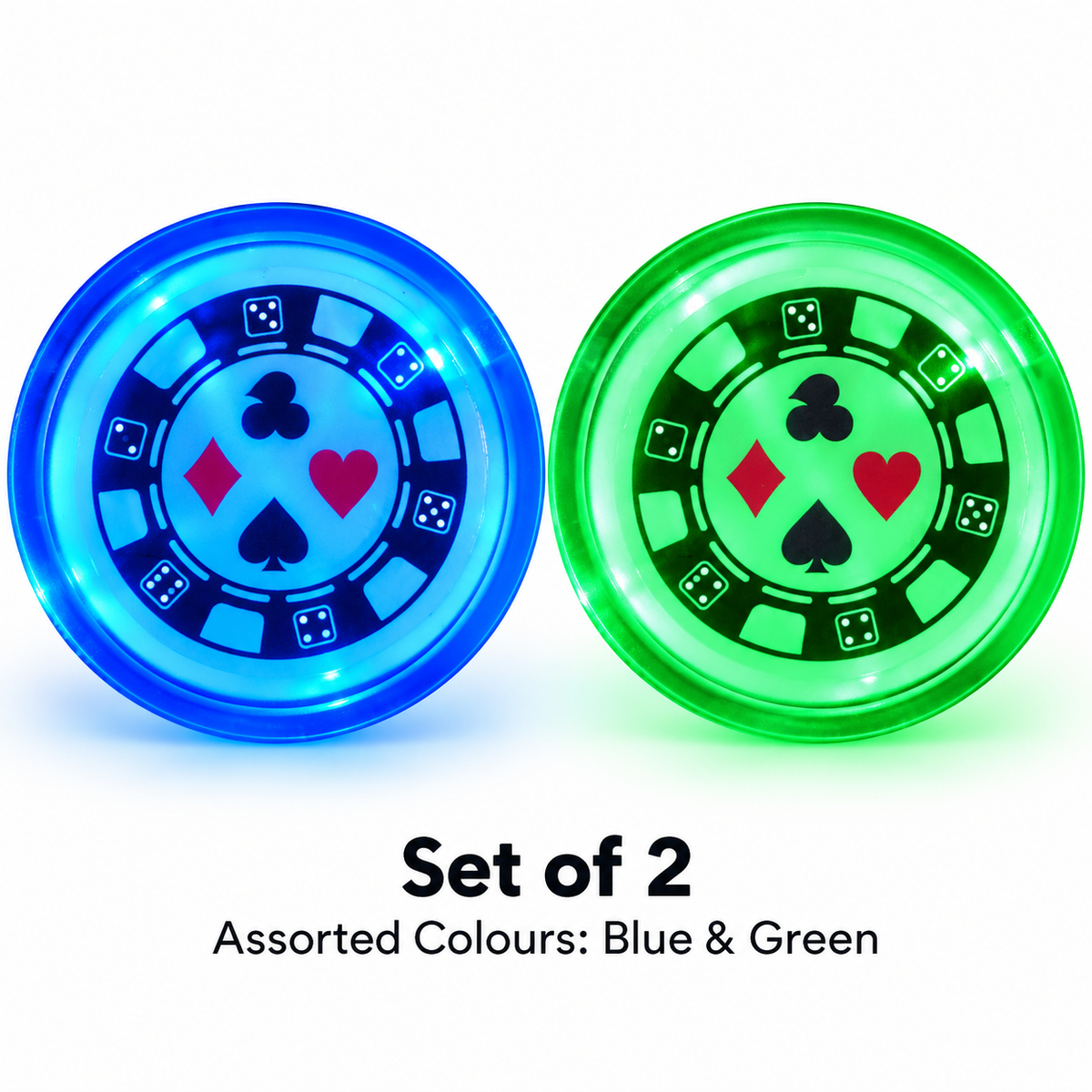 Casino Card Party Light Up Buttons – Pack of 2 | LED Casino Theme Party Badges, Assorted Blue & Green, 2 Inch, Fancy Dress & Party Accessories