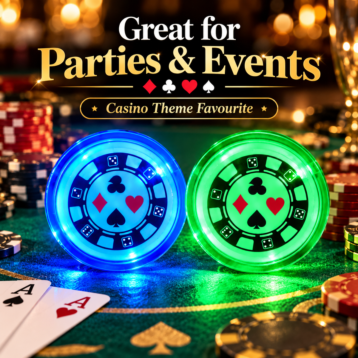 Casino Card Party Light Up Buttons – Pack of 2 | LED Casino Theme Party Badges, Assorted Blue & Green, 2 Inch, Fancy Dress & Party Accessories