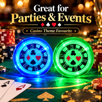 Casino Card Party Light Up Buttons – Pack of 2 | LED Casino Theme Party Badges, Assorted Blue & Green, 2 Inch, Fancy Dress & Party Accessories