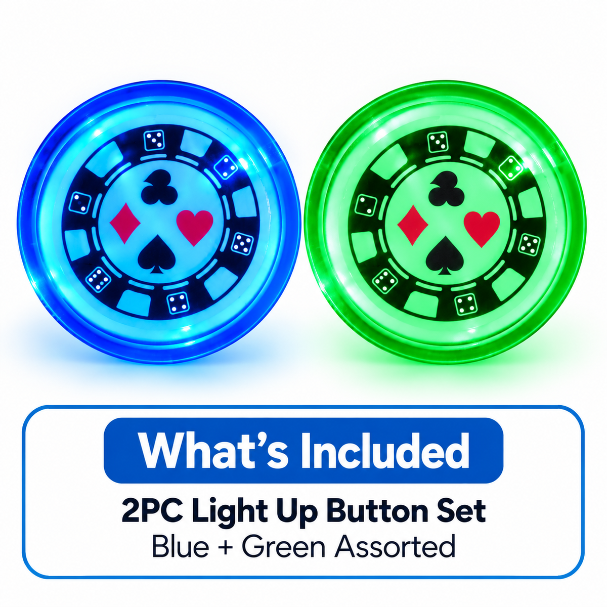 Casino Card Party Light Up Buttons – Pack of 2 | LED Casino Theme Party Badges, Assorted Blue & Green, 2 Inch, Fancy Dress & Party Accessories
