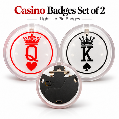 Casino King & Queen Light Up Buttons – Pack of 2 | LED Casino Party Badges for Couples, Casino Night, Fancy Dress & Theme Parties