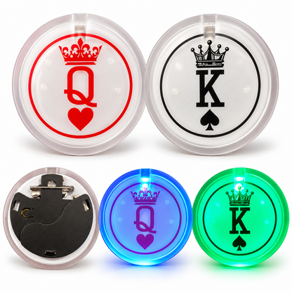 Casino King & Queen Light Up Buttons – Pack of 2 | LED Casino Party Badges for Couples, Casino Night, Fancy Dress & Theme Parties