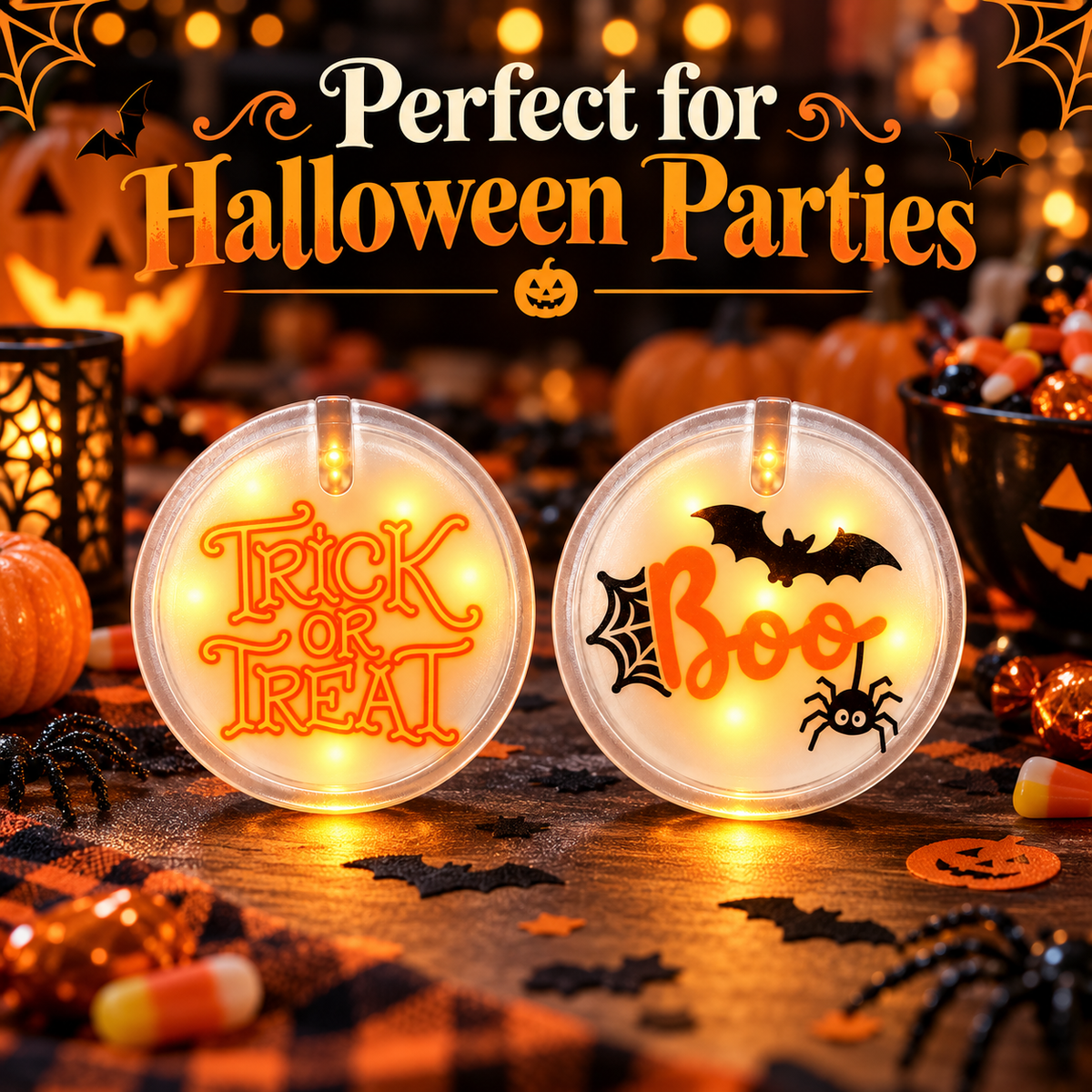 Halloween Boo & Trick or Treat Light Up Buttons – Pack of 2 | LED Halloween Party Badges for Kids & Adults, Fancy Dress & Spooky Theme Parties