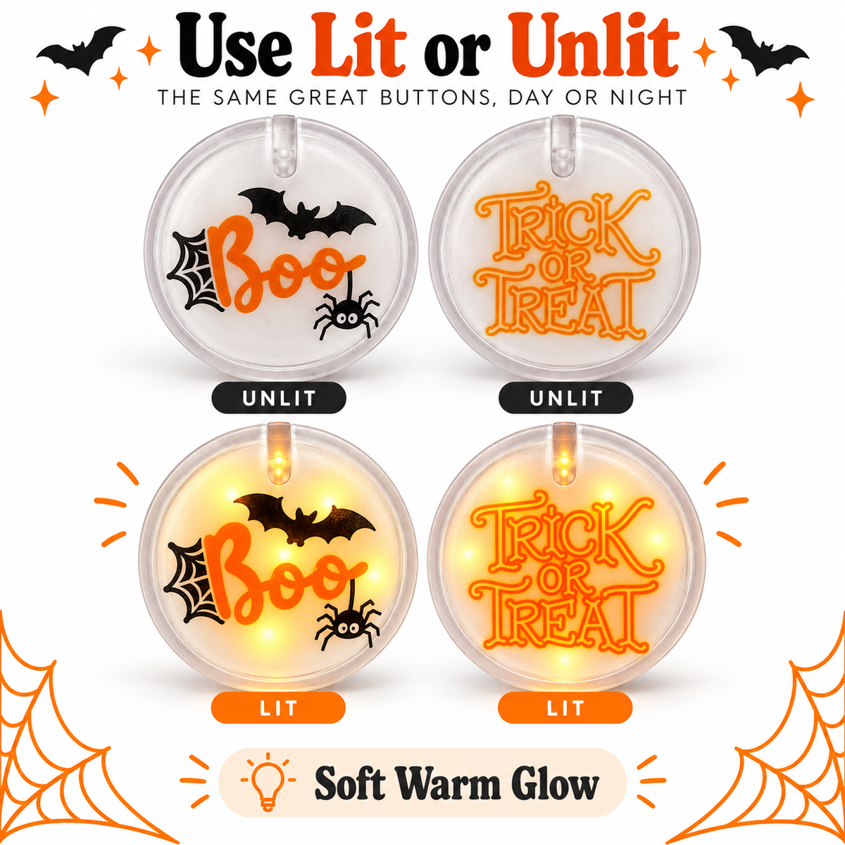 Halloween Boo & Trick or Treat Light Up Buttons – Pack of 2 | LED Halloween Party Badges for Kids & Adults, Fancy Dress & Spooky Theme Parties