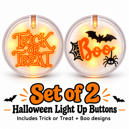 Halloween Boo & Trick or Treat Light Up Buttons – Pack of 2 | LED Halloween Party Badges for Kids & Adults, Fancy Dress & Spooky Theme Parties
