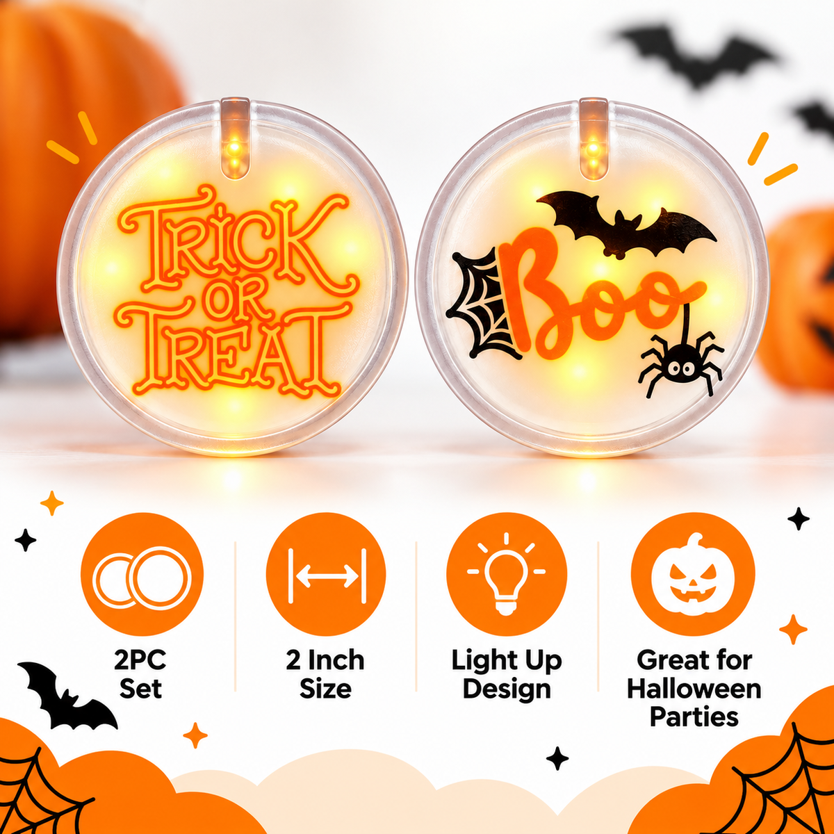 Halloween Boo & Trick or Treat Light Up Buttons – Pack of 2 | LED Halloween Party Badges for Kids & Adults, Fancy Dress & Spooky Theme Parties
