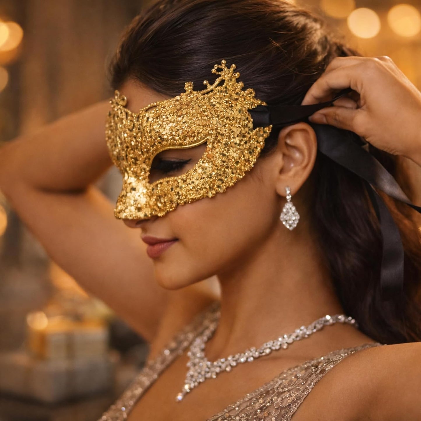 Glitter Fashion Eye Mask Gold - 1PC - Wanna Party - in use