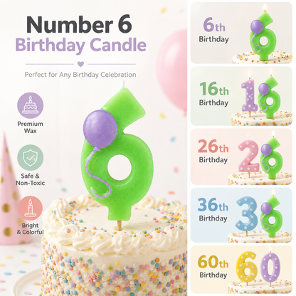 Number 6 Green Birthday Cake Candle