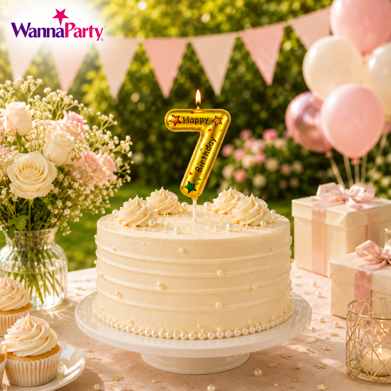 Golden Color Happy Birthday Printed Candle Number 7