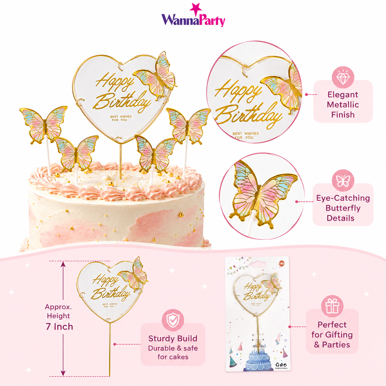 Happy Birthday Cake Topper with Multicolor Butterflies - 5PC