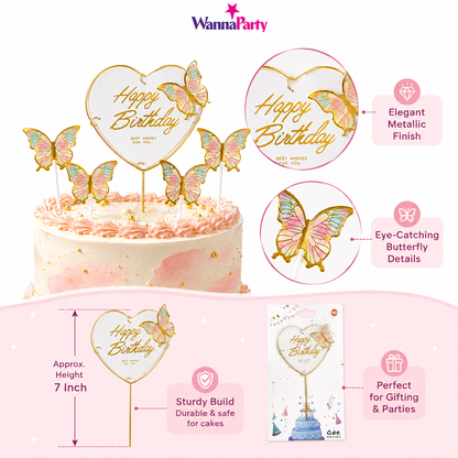Happy Birthday Cake Topper with Multicolor Butterflies - 5PC